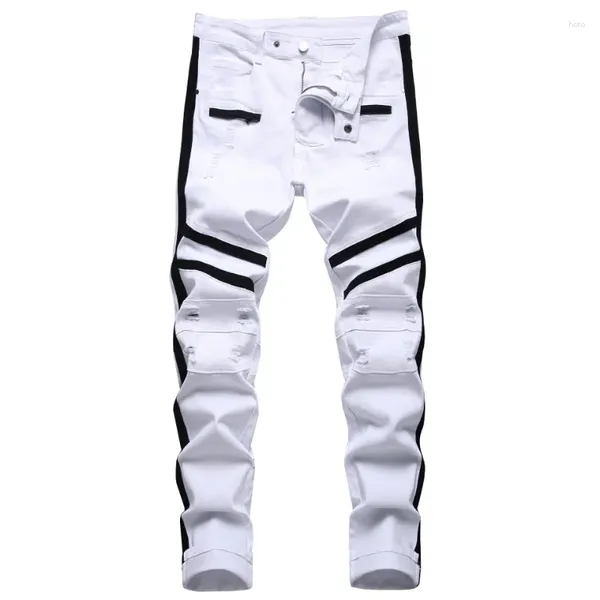 Jeans para hombres Punk Hombres Cremallera Hip Hop Slim Fit White Bike Elástico Split Denim Pantalones Algodón Moda Casual Jogging Ropa masculina