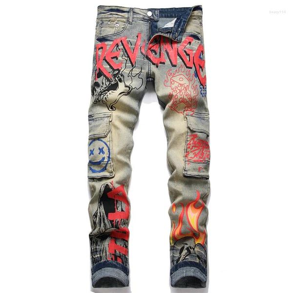 Jeans para hombres punk retro azul grande de bolsillo delgado estirado impreso y teñido pequeños pantalones rectos de mezclilla graffiti streetwear