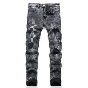 Jeans pour hommes Punk Rock Fashion Plaid imprimé déchiré à la mode Slim élastique discothèque pantalon en denim perforé usé noir gris 230926