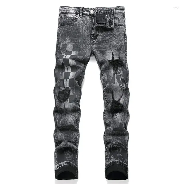 Jeans para hombres calaveras punk impresas a cuadros a cuadros rasgados pantalones de mezclilla delgados negros streetwear pantalones