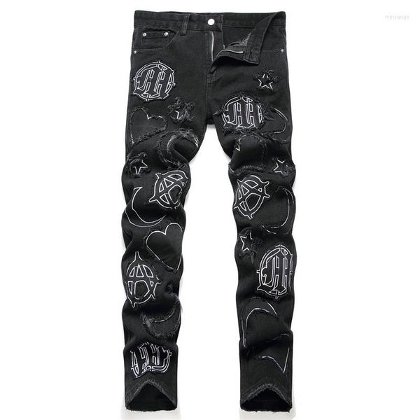 Pantalones vaqueros para hombre Estilo punk Parche rasgado negro Bordado de moda Pantalones casuales de hip hop de cintura media Ropa de tendencia