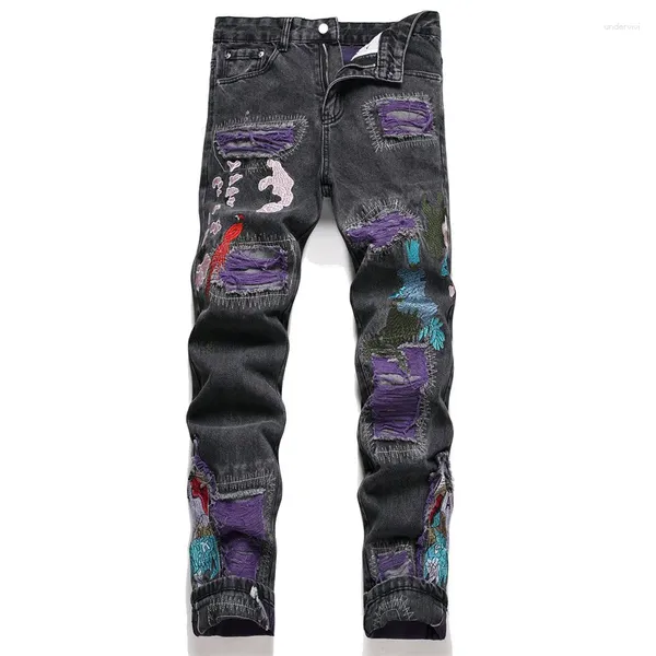 Pantalones vaqueros de hombre estilo punk negro parche rasgado cintura media pantalones delgados ropa de moda hip hop