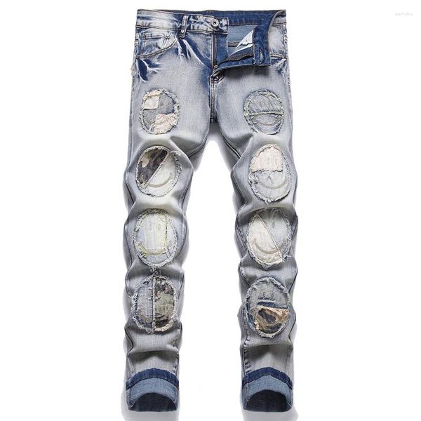 Jeans pour hommes Style Punk Design Hommes Broderie Denim Streetwear Camouflage Patchwork Stretch Pantalon Ripped Slim Pantalon