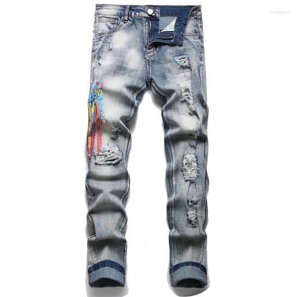 Pantalones vaqueros para hombre, tendencia Punk, Retro, azul, cintura media, ajustados, elásticos, pantalones de mendigo rasgados, ropa de motorista de Hip Hop