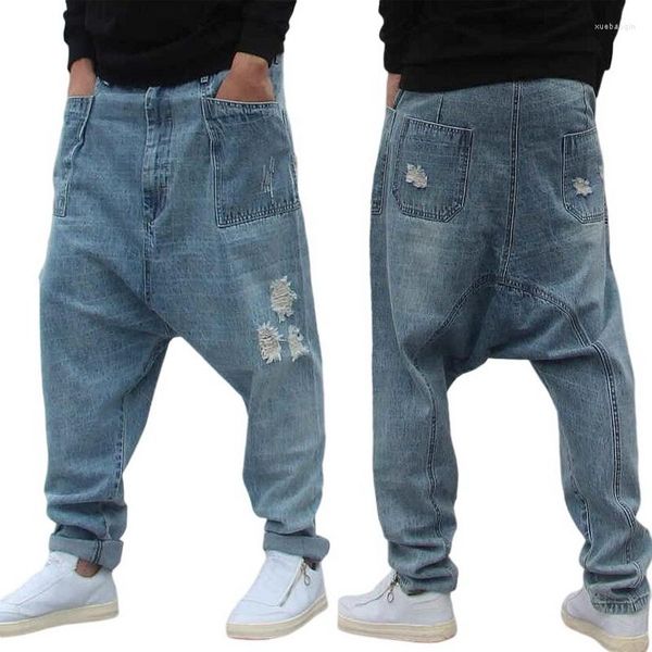 Pantalones vaqueros Punk de moda para hombre, pantalones de ardilla voladora de entrepierna baja, pantalones vaqueros holgados y gordos, estilo harén, colgantes, rasgados, Hip-Hop