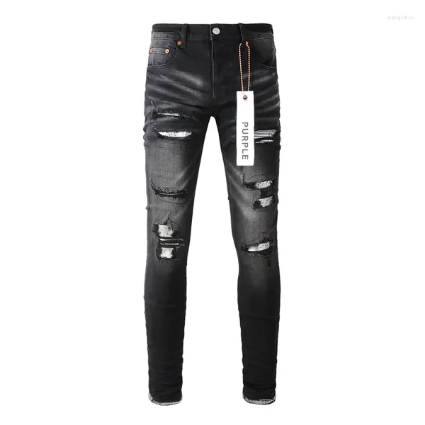 Jeans para hombres Marca púrpura Black Low Rise estirado Fecha de mezclilla delgada de mezclilla Bigote de puta Andinging Jean Five bolsillo Destruido Largo pantalones