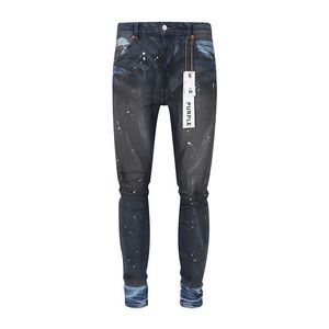 Herenjeans Paarse gloednieuwe high street trendy merk zwart gewassen en gemalen witte inkt graffiti slim fit jeans voor heren