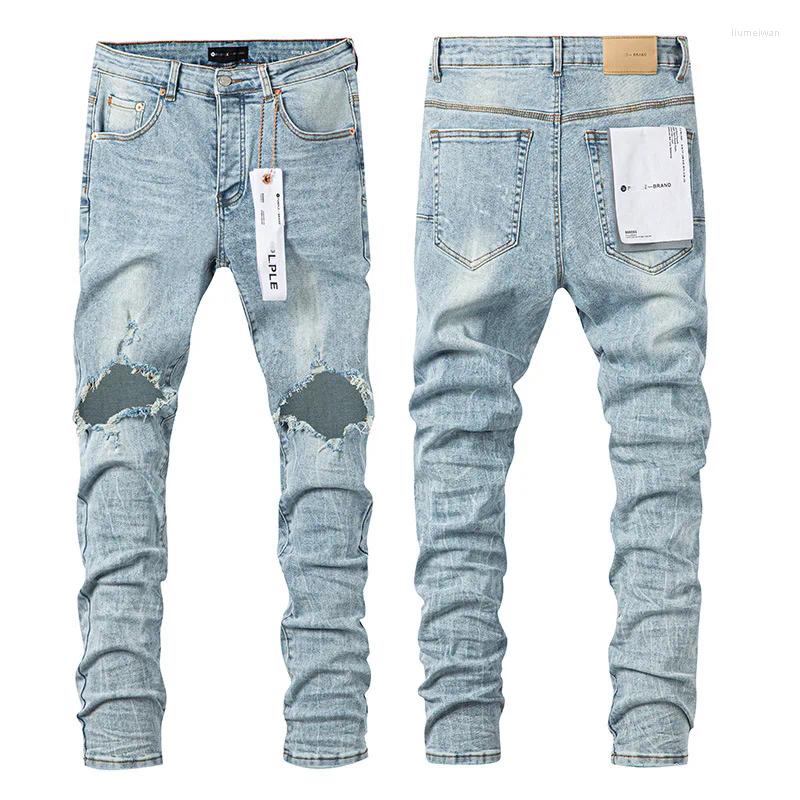 Herr jeans lila varumärke trend hip-hop hål personlighet amerikansk stilfull och smal byxor