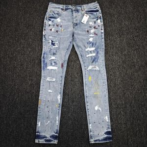 Heren jeans paarse high street verf vervaagde indigo reparatie laag stijgende magere vernietigingswas druppel fabrieksprijs