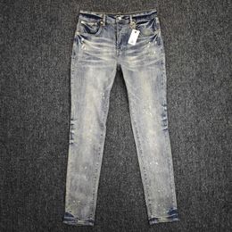 Jeans masculinos Purple High Street Vintage Vintage Spotte Indigo Rise Mid Rise Slim Wave Wash Drop 009