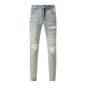 Jeans pour hommes Jeans violets bleu vache déchiré patchwork cuir lavé en détresse hommes haute rue effiloché pantalon patché élastique serré7D7V