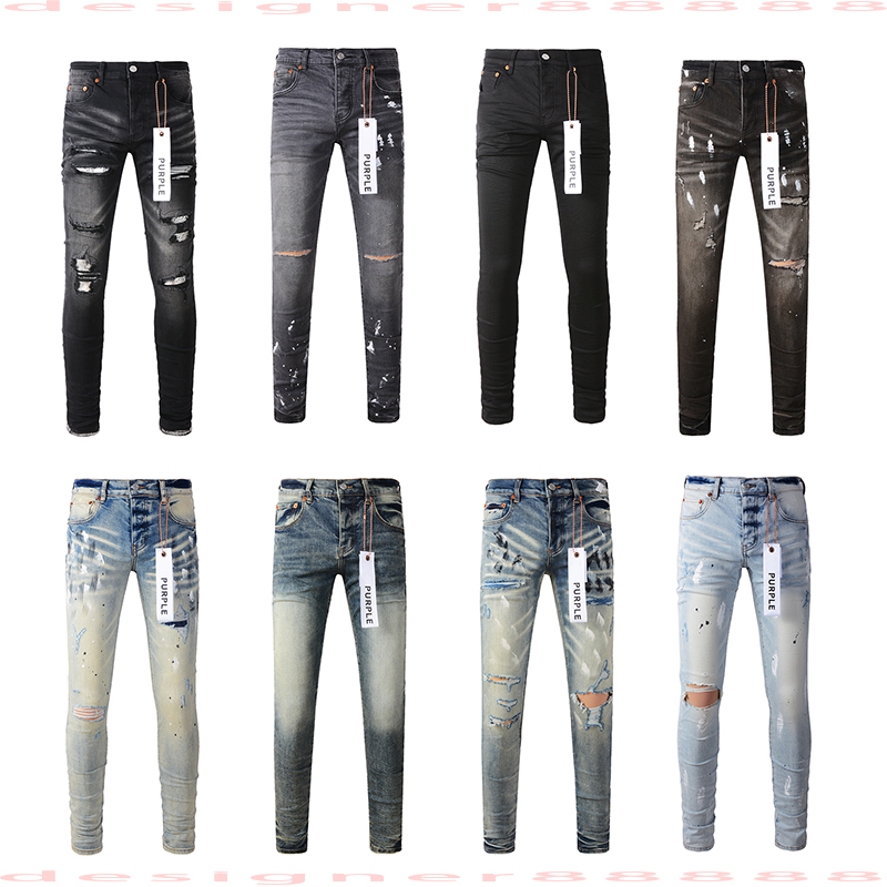 Mäns jeans lila jeans designer för mens varumärke hål mager motorcykel trendig rippad lapptäcke året runt slim bengged8gr7