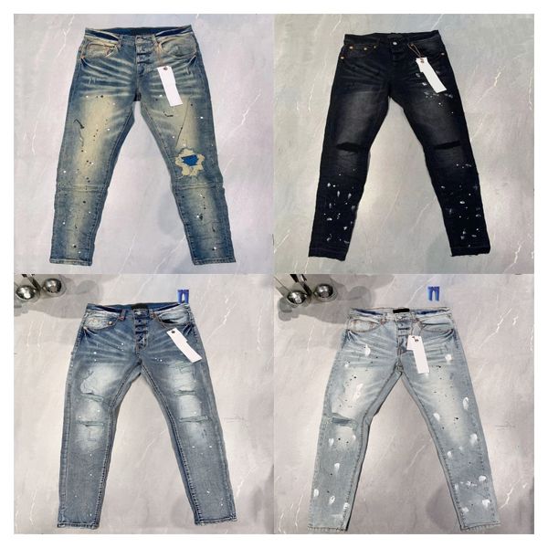 Jeans para hombres Jeans morados Diseñador Hombres Hombres Rodilla Flaco Tamaño recto 28-40 Motocicleta Moda Agujero largo High Street Denim Piezas al por mayor