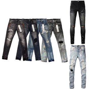 Heren jeans paarse heren ontwerper denim printing borduurbroek mode gaten broek te us maat 28-40 hiphop verontruste zipperbroek