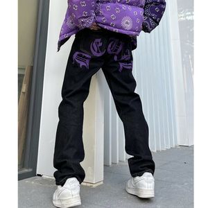 Jeans pour hommes Purple Y2K Fleurs de cajou Hip Hop Streetwear Pantalon élégant Homme Vêtements Baggy Pantalon Noir Imprimé Punk Droit 230309