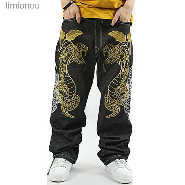 Men's Jeans Pantalones vaqueros holgados con bordado de pitón, nuevos pantalones vaqueros holgados de estilo Hip Hop para hombre, pantalones vaqueros sueltos de Hip Hop para hombre, pantalones de pierna ancha para monopatín, talla grande L240119