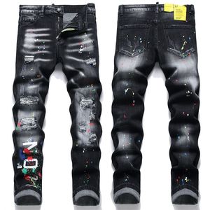 Jeans pour hommes Quadratic coupe ajustée en coton bleu élastique avec processus de jet d'encre quatre saisons