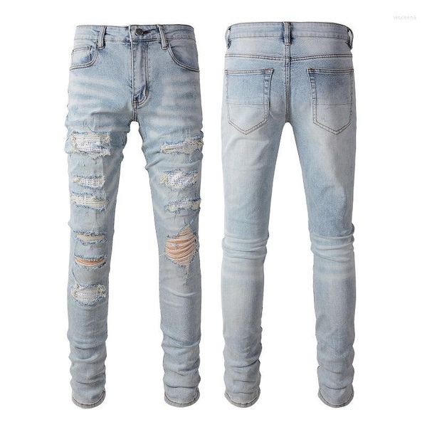 Jeans pour hommes qualité 2023 strass en détresse Baggy bleu hommes déchiré trou petit ami Streetwear Denim pantalon