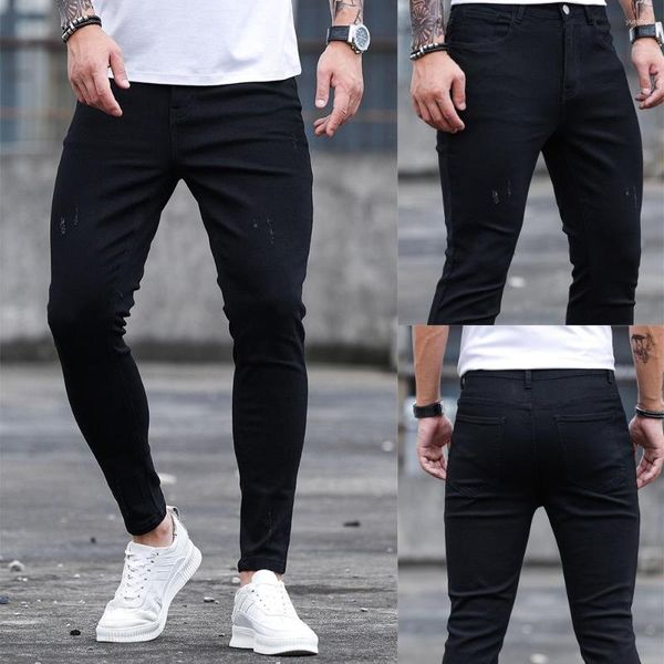 Pantalones vaqueros para hombre, pantalones vaqueros informales con vaina elástica negra de calidad