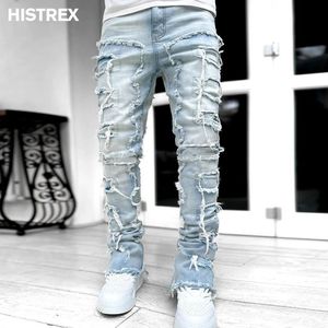 Jeans pour hommes Qualité Streetwise Stretch Patch Jeans Hommes Européen Américain Pantalon Lourd High Street Hip Hop Y2K Coupe Droite Jeans Longs 230823