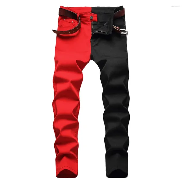 Jeans pour hommes rouge noir patchwork épissé denim mode slim pantalon extensible droit pantalon de couleur contrastée