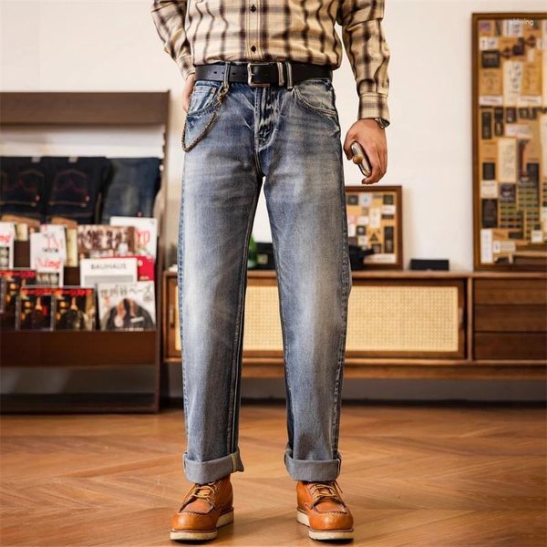 Jeans pour hommes Pantalon en denim à lisière droite vintage bleu glace rouge délavé