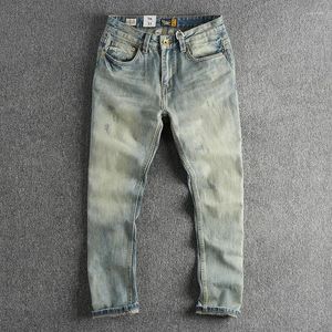 Jeans masculins rouge line line de lim pour hommes coton printemps vintage bleu pantalon lavé en détresse
