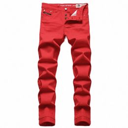 Jeans para hombres Rojo Tendencia simple Estiramiento Pantalones delgados Cintura media Fi Bordado Jeans de marca premium Street Hip Hop Ropa 81aD #