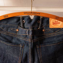 Heren jeans rode tornado taps toelopende jeans vintage heren selvedge denim slanke smal been broek 230814