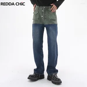 Jeans masculin Reddachic Bicolor Patchwork Denim Pantalons de cargaison hommes en détresse droite lâche décontractée