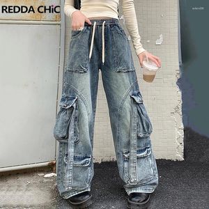 Jeans voor heren REDDACHiC Hip Hop Heren Baggy Trekkoord Elastische taille Zakken Brede broek Verontruste blauwe Retro Y2K-broek Cargo Werkkleding
