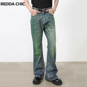Heren jeans reddachic Men Whiskers groene wasflare cleanfit verontruste lage stijging bootcut denim broek belt bodems retro y2k streetwear