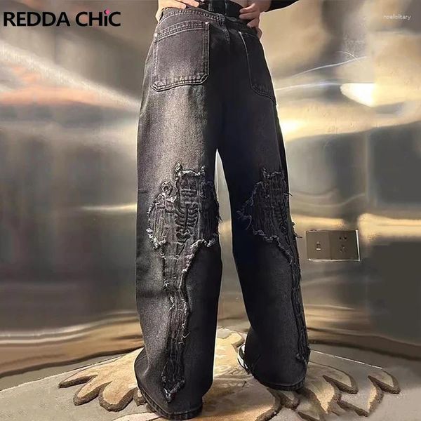 Jeans masculin Reddachic Punk gothique inspiré de la chauve-souris pour hommes Vintage lavage noir ajustement-waist pantalon large occasionnel harajuku y2k streetwear