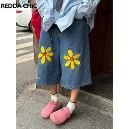 Heren jeans reddachic retro blauwe bloei denim shorts heren ijs skater oversized wide been casual broek pocket jeans jorts y2k hiphop Korean straatkledingl2405