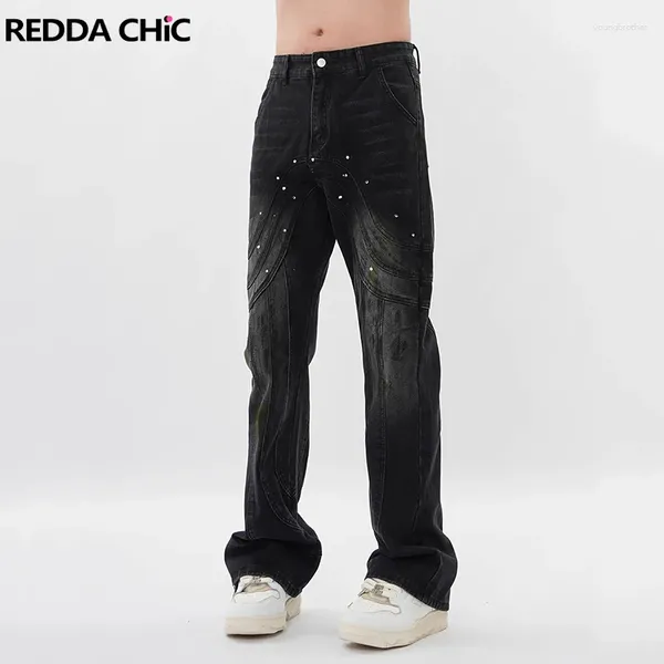 Jeans masculin Reddachic Splash Ink Flare for Men Formed Drect Line Patchwork Bootcut Denim Pants Y2k Harajuku Streetwear