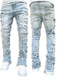 Jeans voor heren, regular fit, gestapelde patch, verdrietig, vernietigd, rechte kleding, casual jeans, streetwear