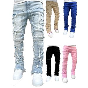 Jeans masculins réguliers ajustement empilé patch en détresse détruite pantalon en denim droit des vêtements de streetwear homme jean décontracté