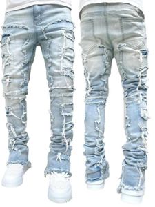 Jean pour hommes coupe régulière Patch empilé en détresse détruit vêtements droits Jean décontracté Streetwear