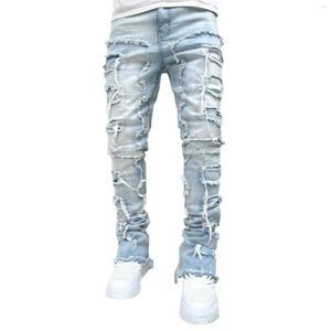 Jeans pour hommes coupe régulière Patch empilé en détresse détruit pantalon en Denim droit vêtements de rue décontracté