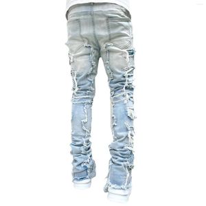 Heren jeans gewone fit gestapelde patch bedroefd vernietigde rechte denim broek streetwear kleding casual Jean jacketstop