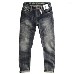 Jeans pour hommes Rétro Bleu Gris Distressed Washed Hommes Petite jambe droite Slim Fit Denim Pantalon