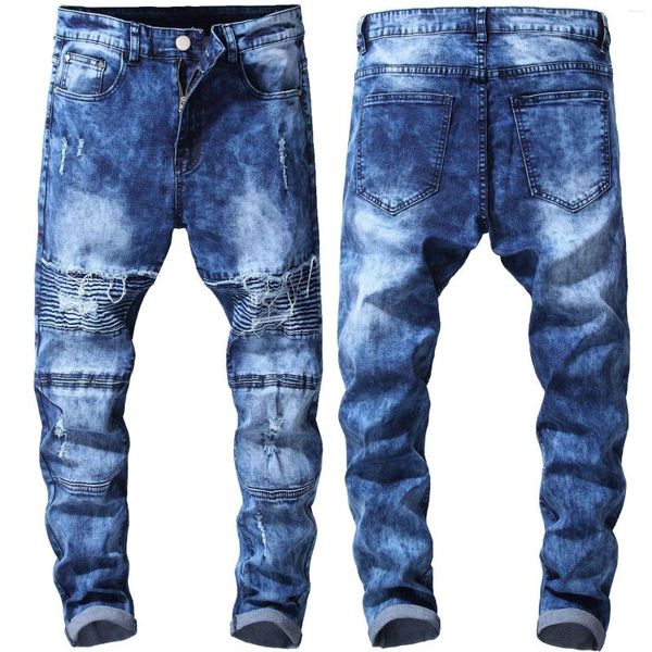 Jeans pour hommes rétro bleu haute rue rayé trous plissé moto motard effiloché gland Denim pantalon Cool pantalon droit