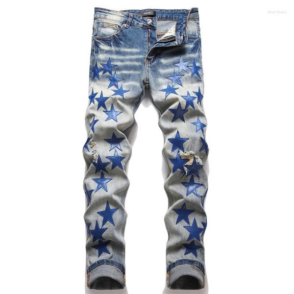 Pantalones vaqueros para hombre Retro Blue Stars Badge Pantalones de mezclilla rasgados Hip Hop Punk Diseño de pantalones Slim Fit Pierna Jean desgastado