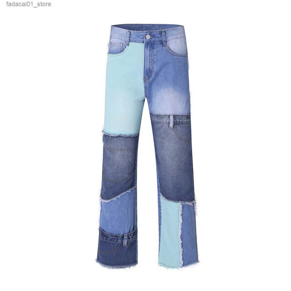 Jeans para hombres Retro Denim Color Bloqueado Patchwork Micro Horn Jeans Mens Streetwear Straight Casual Denim Pantalones Hip Hop Mendigo Pantalones Mujeres Q240202