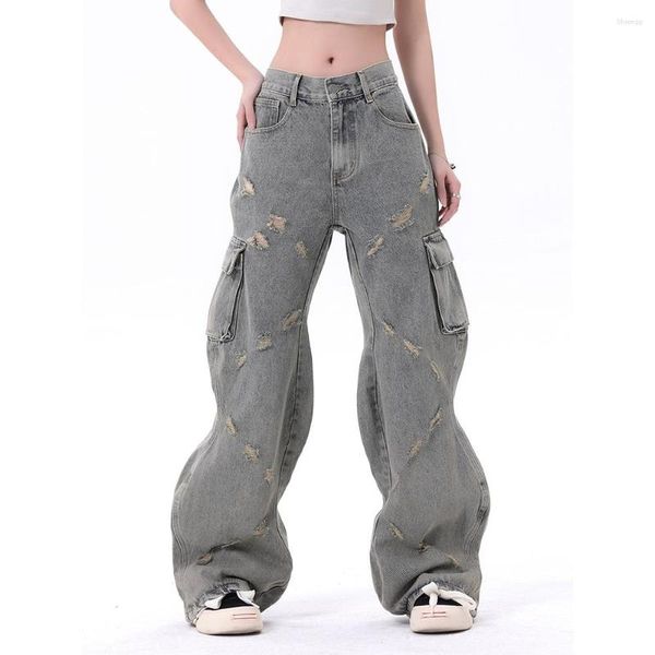 Jeans pour hommes Retro Distressed Hole Cargo Flare Wave Design Denim Salopettes Hommes Hip Hop Washed Wide Pants Personnalisé Casual