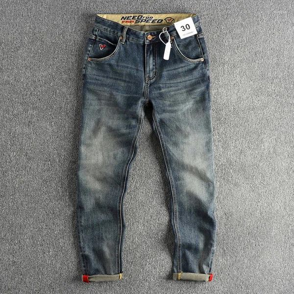 Jeans pour hommes, mode rétro, moteur de transport, lavé au vent, porté, micro-élastique, coupe ajustée, petit pantalon droit pour jeunes de rue