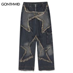 Jeans pour hommes rétro jeans jeans y2k hip hop broderie étoile pochette étoile pantalon pantalon street vêtements masque harajuku jeans lâches bluel2403