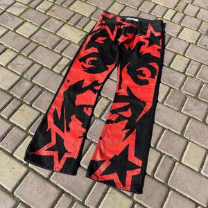 Jeans pour hommes rétro gothique rouge diable imprimé surdimensionné pour hommes Y2K rue Hip Hop Harajuku taille haute ample jambe large pantalon femmes