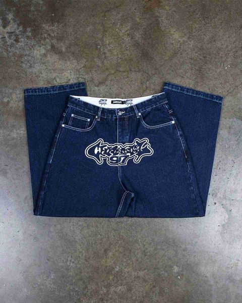 Jeans pour hommes Rétro hip-hop hommes bagages jeans Y2k vêtements de rue ultra-fin imprimé bleu taille basse pantalon large mode Harajuku denim pantalonL2403