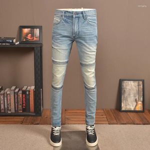 Jeans pour hommes rétro couleur claire nostalgique 2024 élastique coupe slim slim haut de gamme décontracté patchwork pantalon de moto